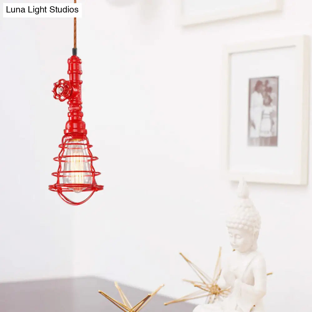 Farmhouse Style Metal Wire Cage Pendant Light With Valve Design - Black/Red Finish Indoor Hanging