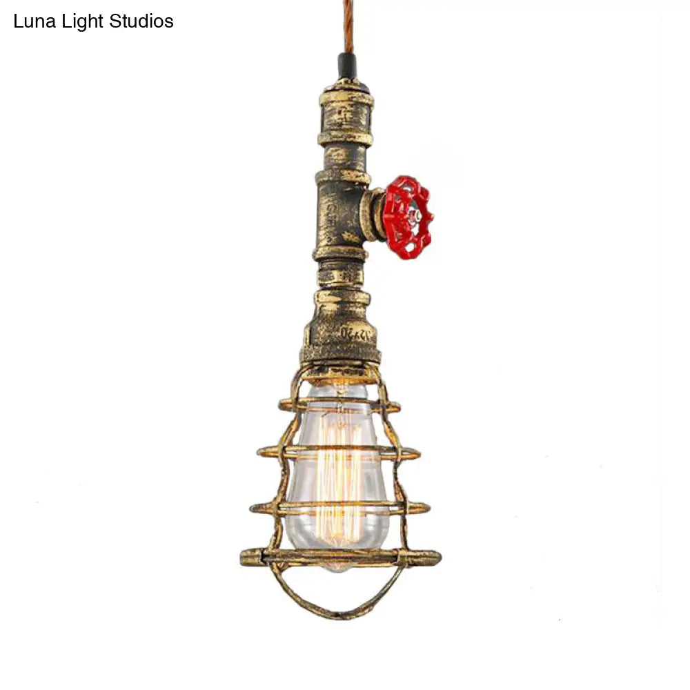 Farmhouse Style Metal Wire Cage Pendant Light With Valve Design - Black/Red Finish Indoor Hanging