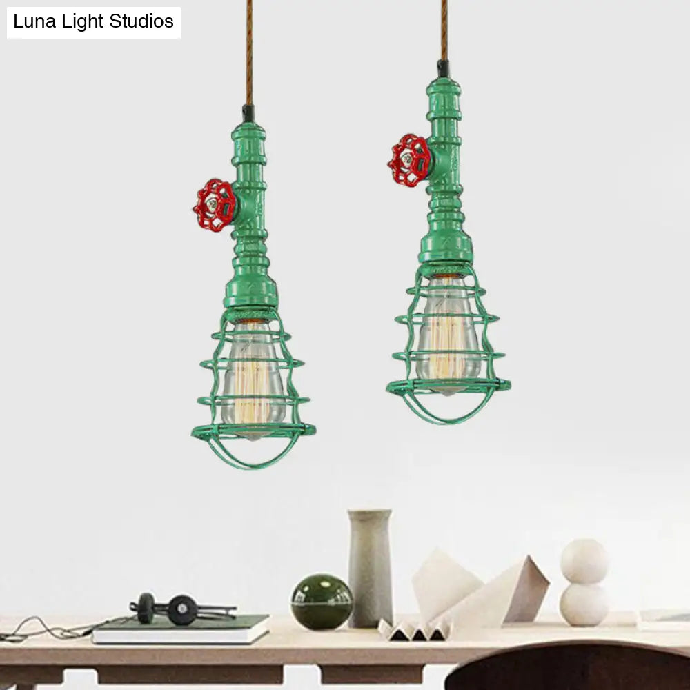 Farmhouse Style Metal Wire Cage Pendant Light With Valve Design In Black/Red Finish - Indoor