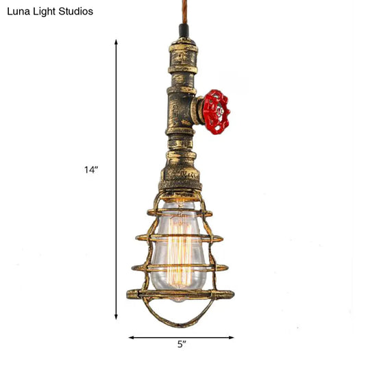 Farmhouse Style Metal Wire Cage Pendant Light With Valve Design - Black/Red Finish Indoor Hanging