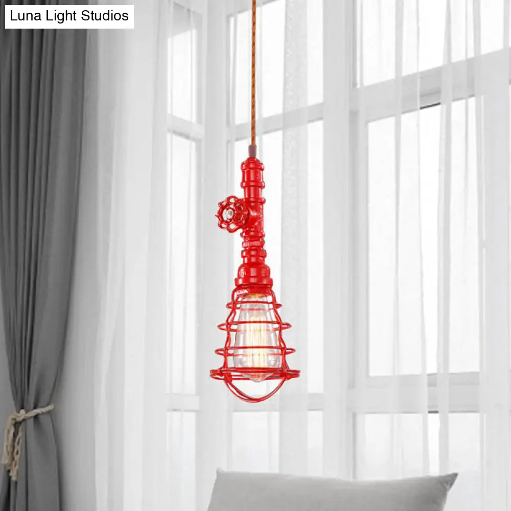 Farmhouse Style Metal Wire Cage Pendant Light With Valve Design In Black/Red Finish - Indoor