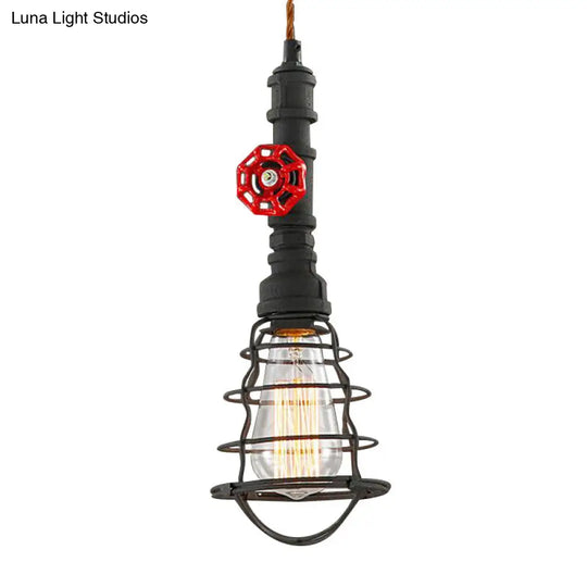 Farmhouse Style Metal Wire Cage Pendant Light With Valve Design - Black/Red Finish Indoor Hanging