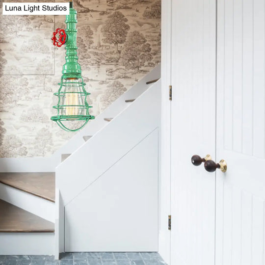 Farmhouse Style Metal Wire Cage Pendant Light With Valve Design - Black/Red Finish Indoor Hanging