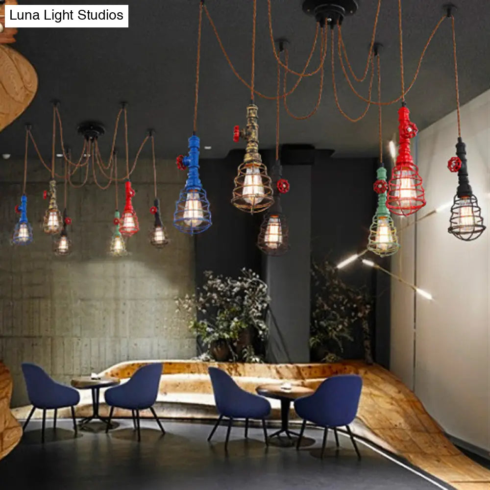 Farmhouse Style Metal Wire Cage Pendant Light With Valve Design In Black/Red Finish - Indoor