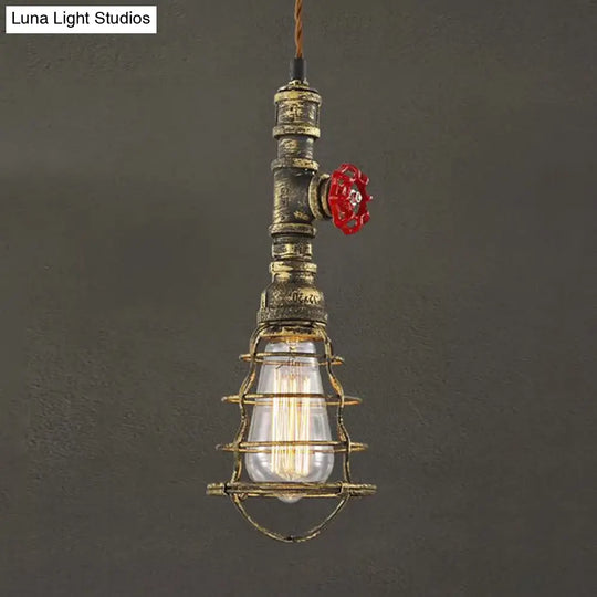 Farmhouse Style Metal Wire Cage Pendant Light With Valve Design In Black/Red Finish - Indoor
