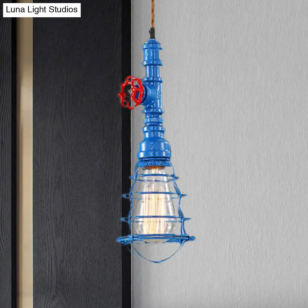 Farmhouse Style Metal Wire Cage Pendant Light With Valve Design - Black/Red Finish Indoor Hanging