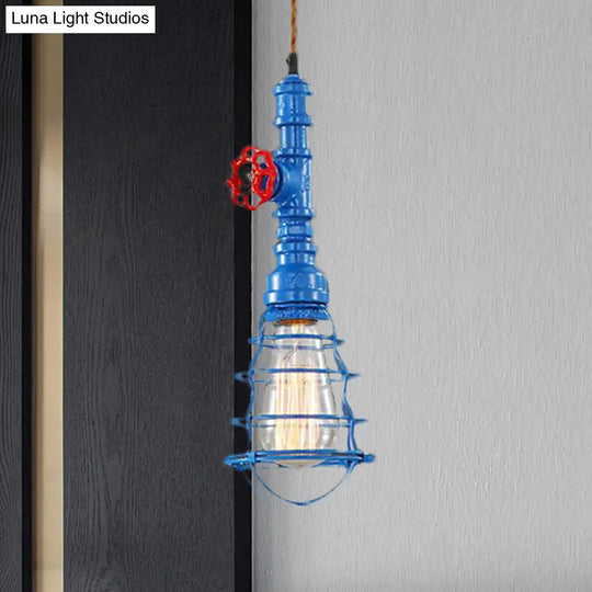 Farmhouse Style Metal Wire Cage Pendant Light With Valve Design - Black/Red Finish Indoor Hanging
