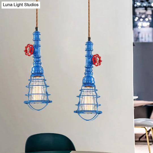 Farmhouse Style Metal Wire Cage Pendant Light With Valve Design In Black/Red Finish - Indoor
