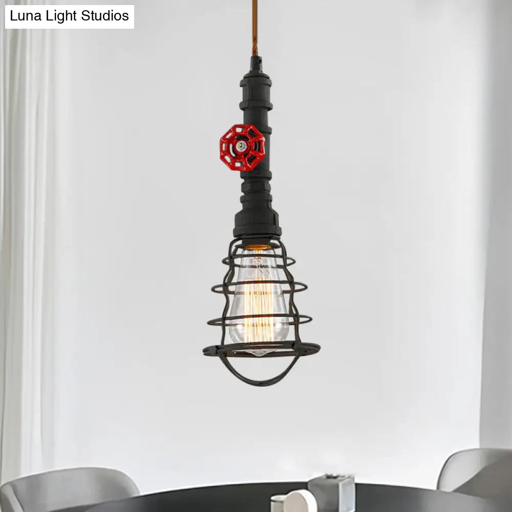 Farmhouse Style Metal Wire Cage Pendant Light With Valve Design In Black/Red Finish - Indoor