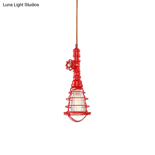 Farmhouse Style Metal Wire Cage Pendant Light With Valve Design - Black/Red Finish Indoor Hanging