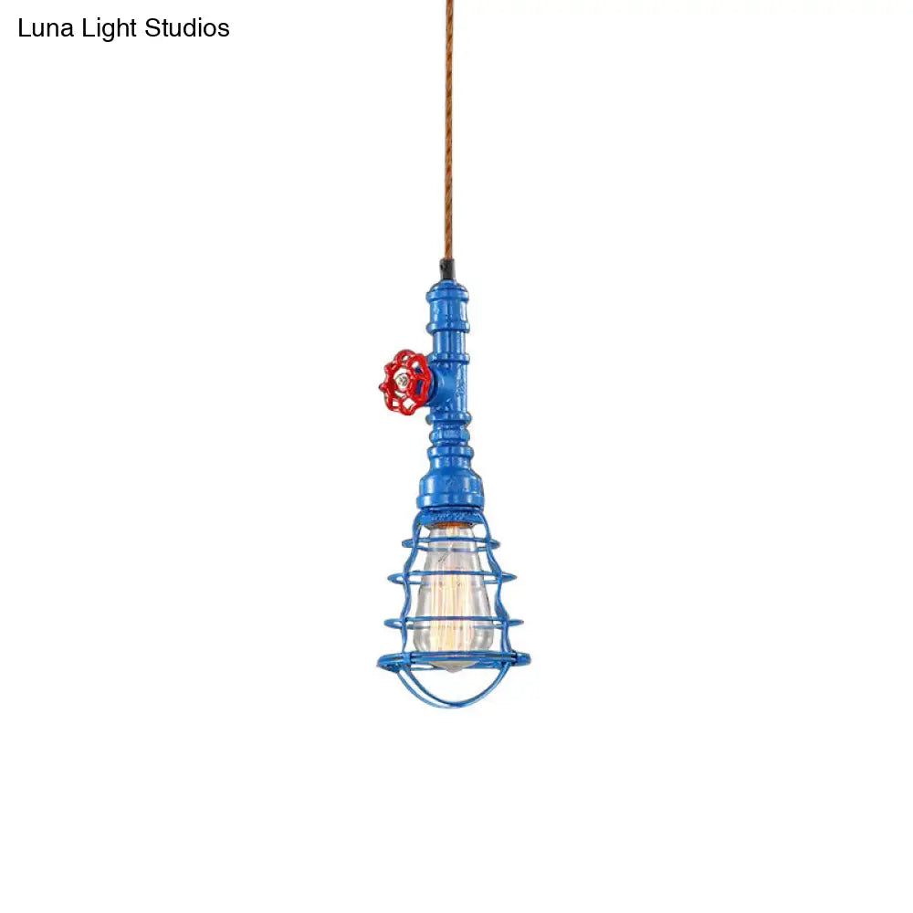 Farmhouse Style Metal Wire Cage Pendant Light With Valve Design - Black/Red Finish Indoor Hanging