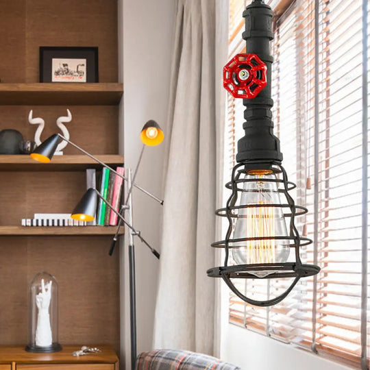 Farmhouse Style Metal Wire Cage Pendant Light With Valve Design In Black/Red Finish - Indoor