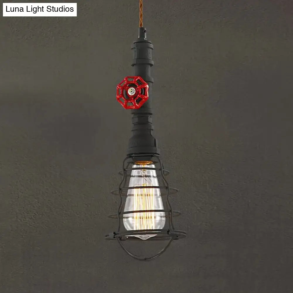 Farmhouse Style Metal Wire Cage Pendant Light With Valve Design - Black/Red Finish Indoor Hanging