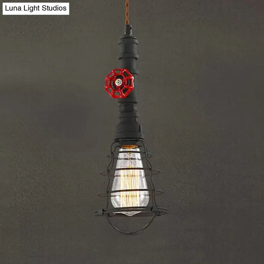 Farmhouse Style Metal Wire Cage Pendant Light With Valve Design - Black/Red Finish Indoor Hanging