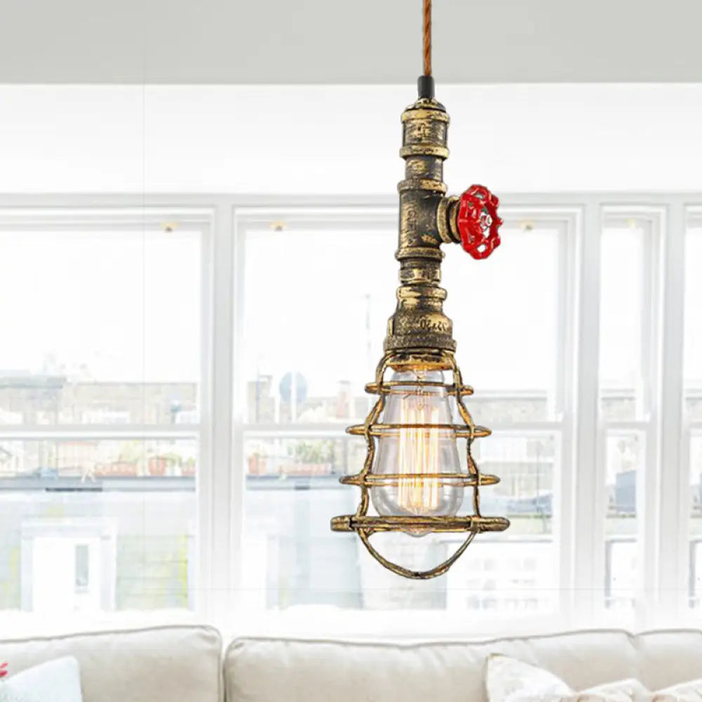 Farmhouse Style Metal Wire Cage Pendant Light With Valve Design In Black/Red Finish - Indoor
