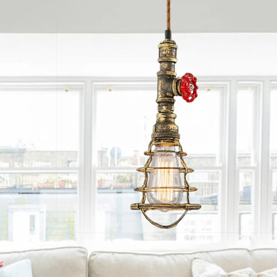 Farmhouse Style Metal Wire Cage Pendant Light With Valve Design In Black/Red Finish - Indoor
