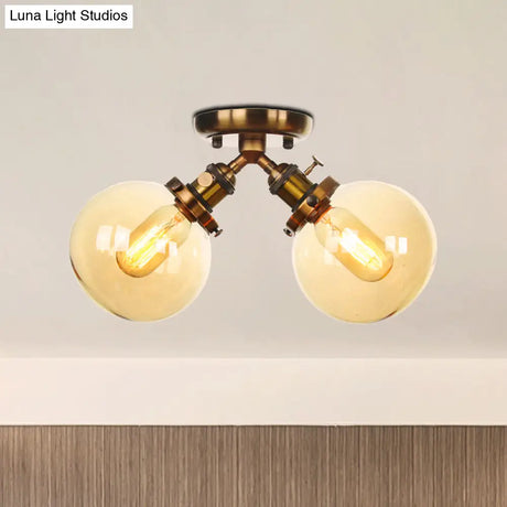 Farmhouse Style Semi Flush Ceiling Lamp - Metal And Glass With Dual Heads In Black/Bronze