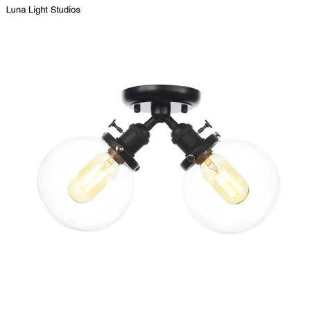Farmhouse Style Semi Flush Ceiling Lamp - Metal And Glass With Dual Heads In Black/Bronze