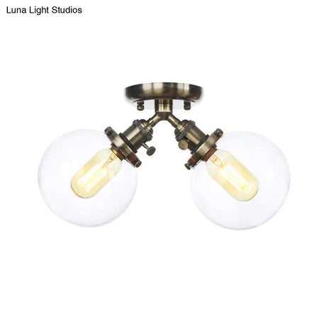 Farmhouse Style Semi Flush Ceiling Lamp - Metal And Glass With Dual Heads In Black/Bronze