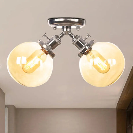 Farmhouse Style Semi Flush Ceiling Lamp - Metal And Glass With Dual Heads In Black/Bronze Chrome /