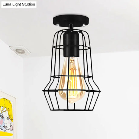 Farmhouse Style Semi Flush Mount Ceiling Light - Global/Barrel Iron With Wire Guard 1 Black Finish