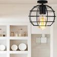 Farmhouse Style Semi Flush Mount Ceiling Light - Global/Barrel Iron With Wire Guard 1 Black Finish