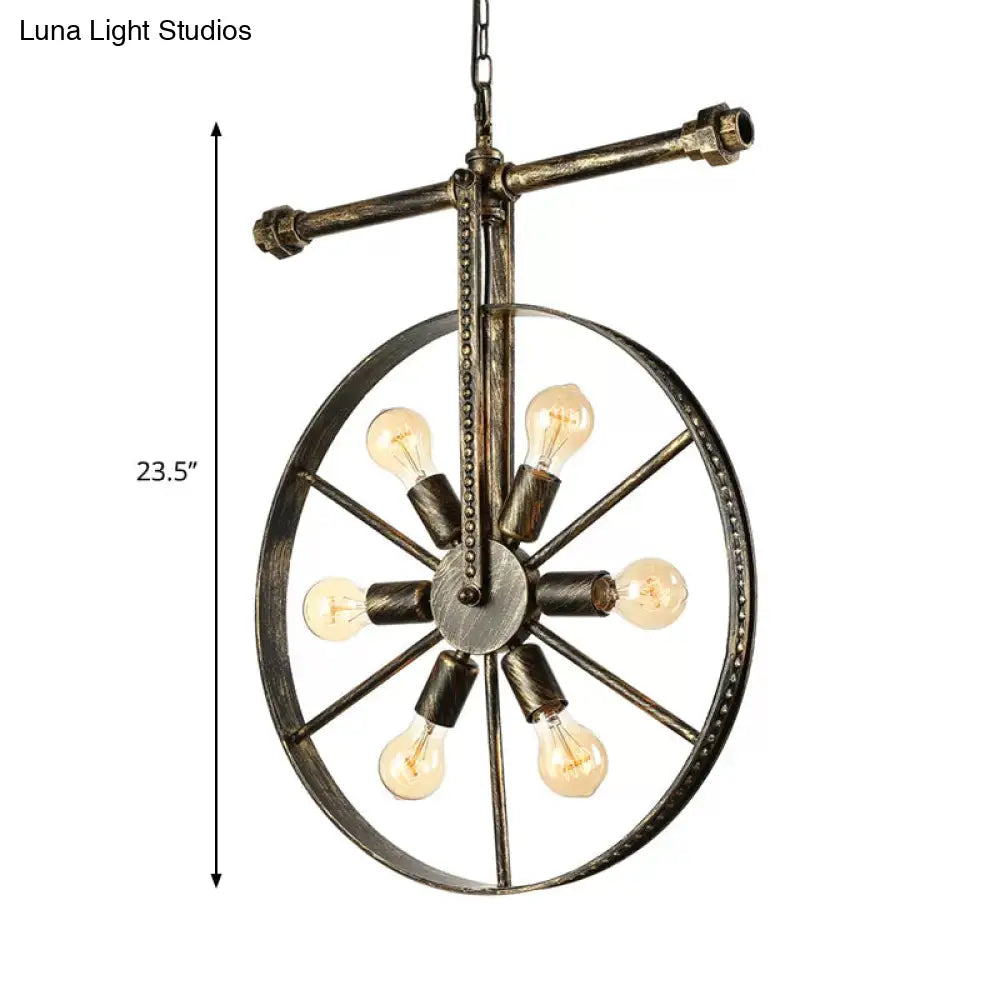 Farmhouse Style Wrought Iron Pendant Light Fixture 6 Light Round with Wheel Design | Bronze Ceiling Décor 6 / Bronze