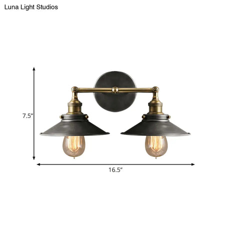 Farmhouse Style Wrought Iron Wall Sconce With Antique Black Conical Shade 2 Heads For A Vintage Look