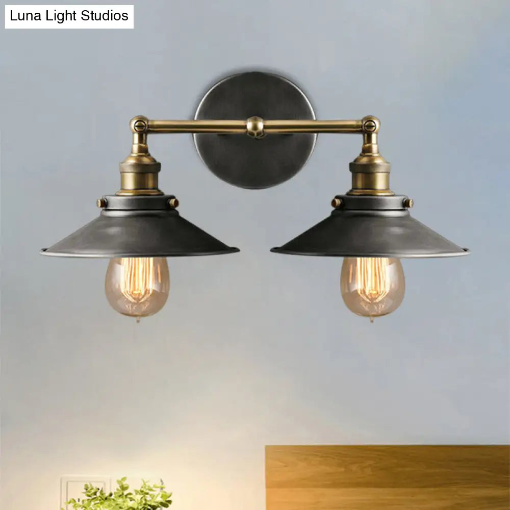 Farmhouse Style Wrought Iron Wall Sconce With Antique Black Conical Shade 2 Heads For A Vintage Look