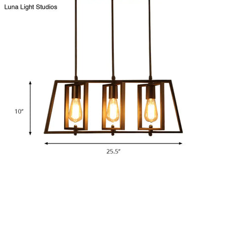 Farmhouse Trapezoid Frame Island Pendant Light - 3-Light Metallic Chandelier In Black