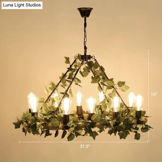 Wagon Wheel Farmhouse Metal Chandelier With Plant Accents - Dining Room Hanging Light 10 / Green
