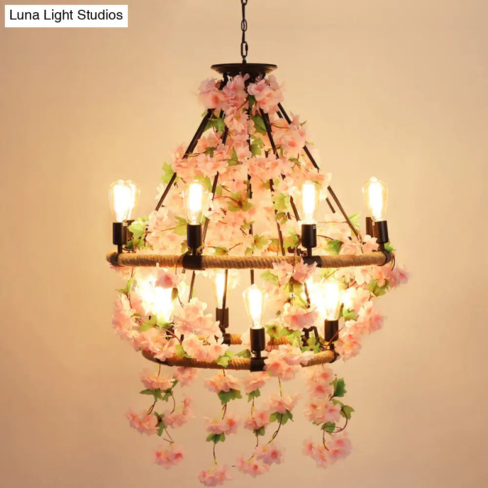 Wagon Wheel Farmhouse Metal Chandelier With Plant Accents - Dining Room Hanging Light