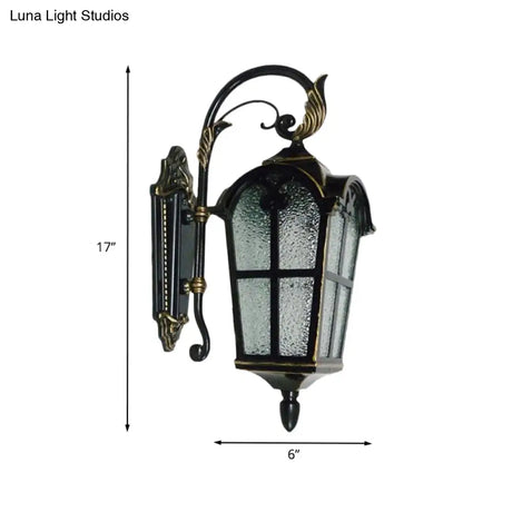 Farmhouse Wall Sconce: 1-Light Curving Arm Metallic Lamp In Black With Water Glass Shade