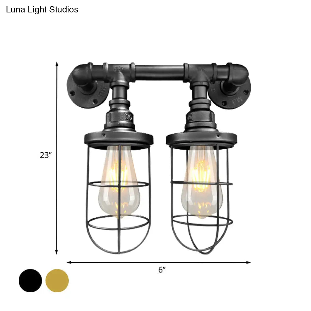 Farmhouse Wire Cage Sconce Light Fixture With 2 Bulbs - Coffee Shop Wall Mount Pipe Lamp In