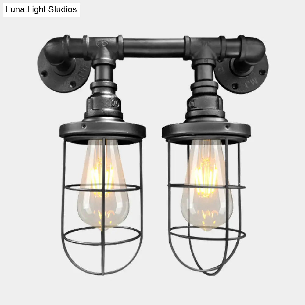 Farmhouse Wire Cage Sconce Light Fixture With 2 Bulbs - Coffee Shop Wall Mount Pipe Lamp In