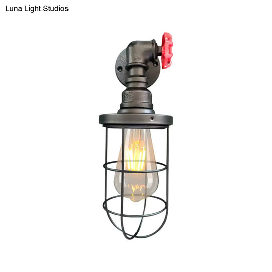 Farmhouse Wire Frame Corridor Wall Sconce With Red Valve Design In Antique Brass/Black