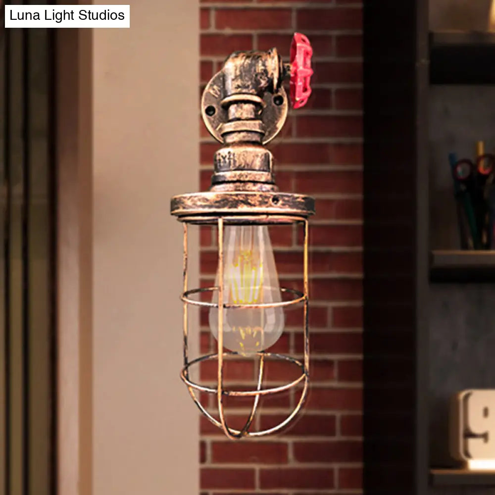 Farmhouse Wire Frame Corridor Wall Sconce With Red Valve Design In Antique Brass/Black
