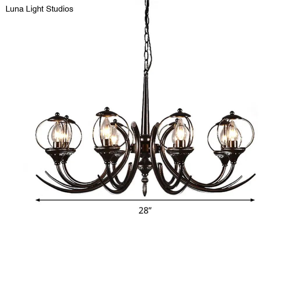 Farmhouse Wire Guard Chandelier With Curved Arm 8-Light Iron Hanging Fixture (Black)