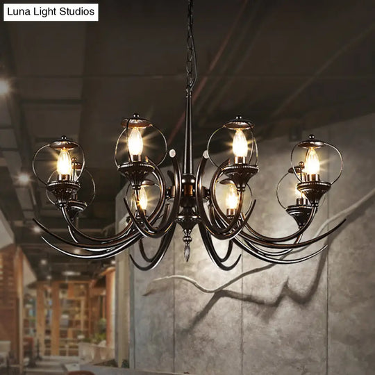 Farmhouse Wire Guard Chandelier With Curved Arm 8-Light Iron Hanging Fixture (Black)