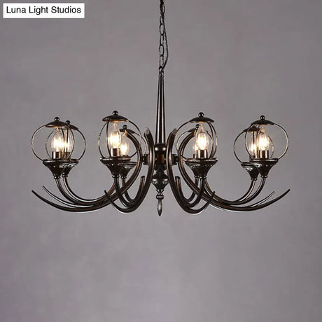 Farmhouse Wire Guard Chandelier With Curved Arm 8-Light Iron Hanging Fixture (Black)