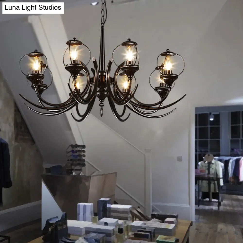Farmhouse Wire Guard Chandelier With Curved Arm 8-Light Iron Hanging Fixture (Black)