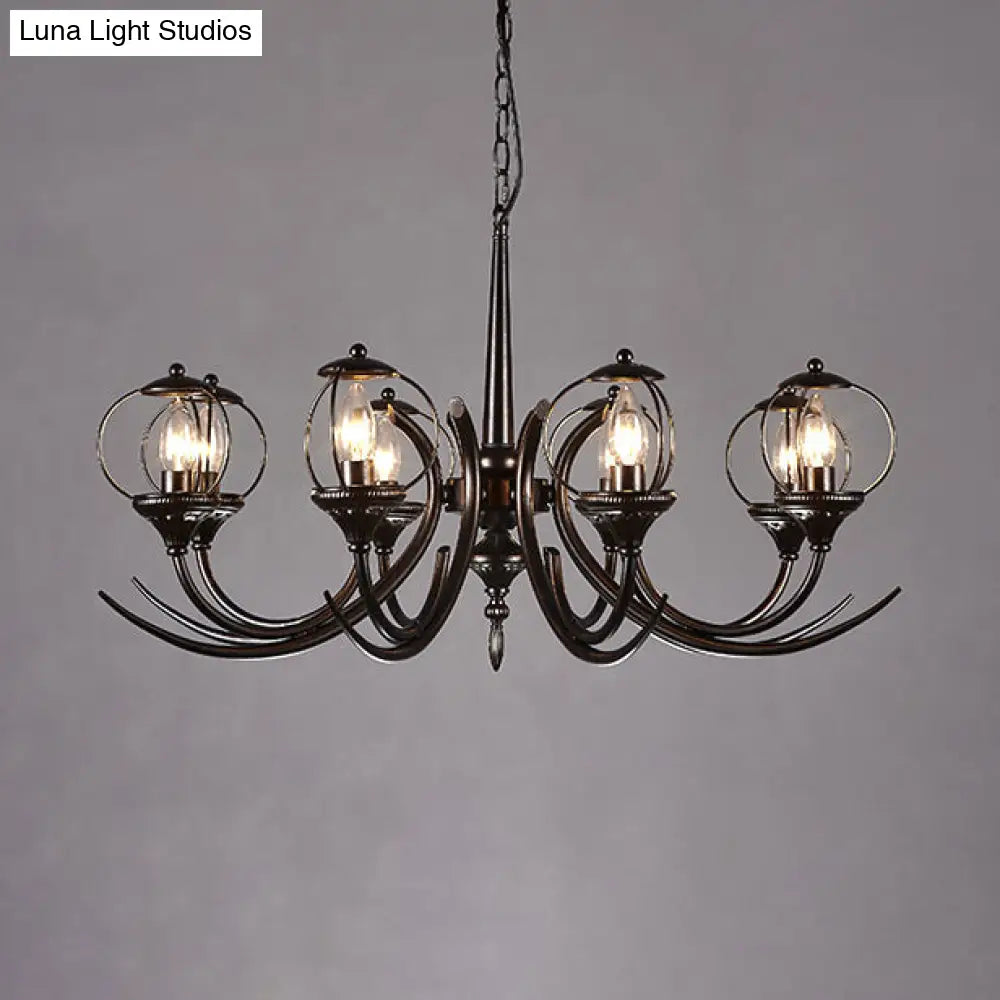 Farmhouse Wire Guard Chandelier With Curved Arm 8-Light Iron Hanging Fixture (Black)