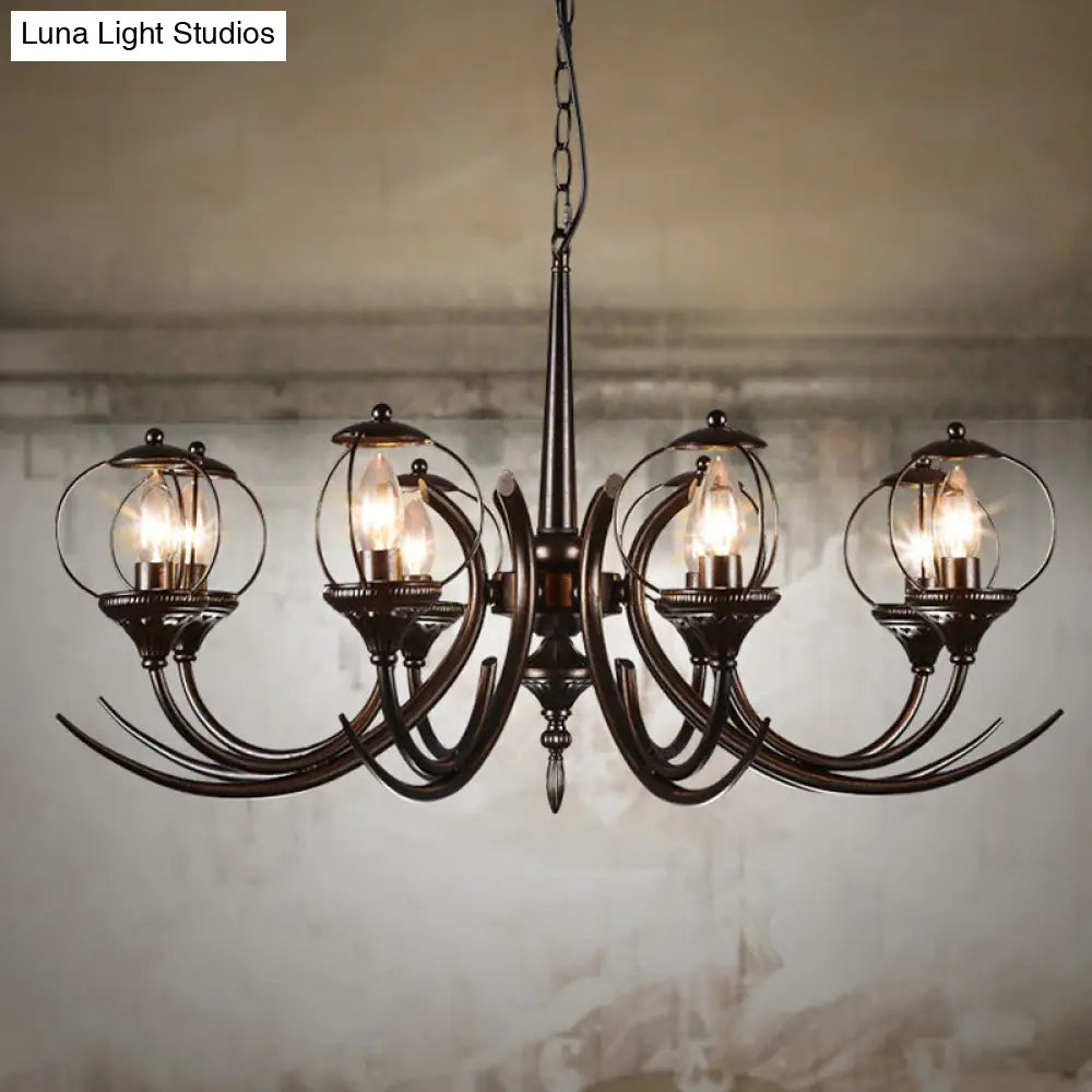 Farmhouse Wire Guard Chandelier With Curved Arm 8-Light Iron Hanging Fixture (Black)