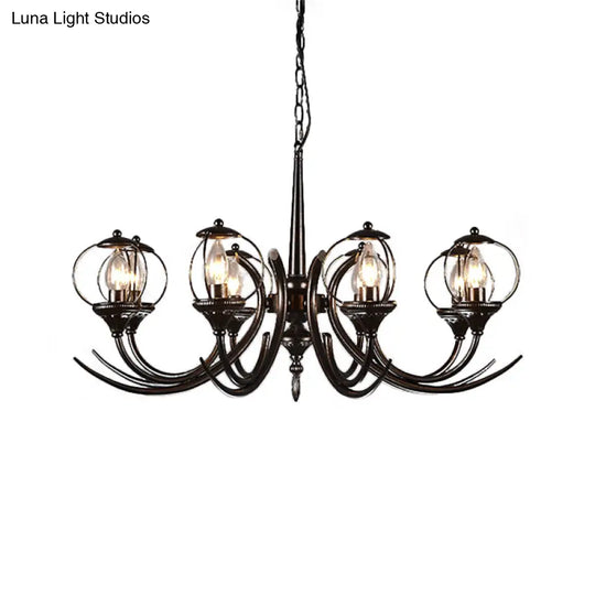 Farmhouse Wire Guard Chandelier With Curved Arm 8-Light Iron Hanging Fixture (Black)