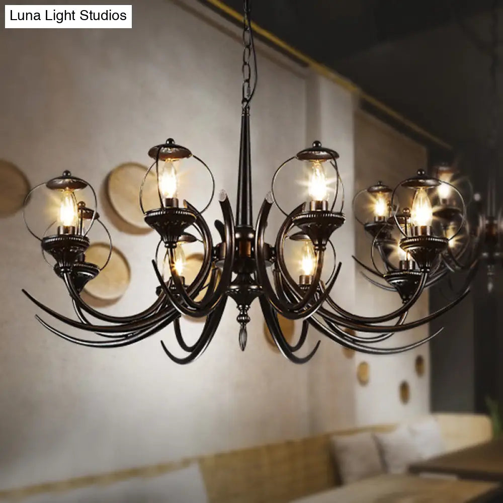 Farmhouse Wire Guard Chandelier With Curved Arm 8-Light Iron Hanging Fixture (Black)