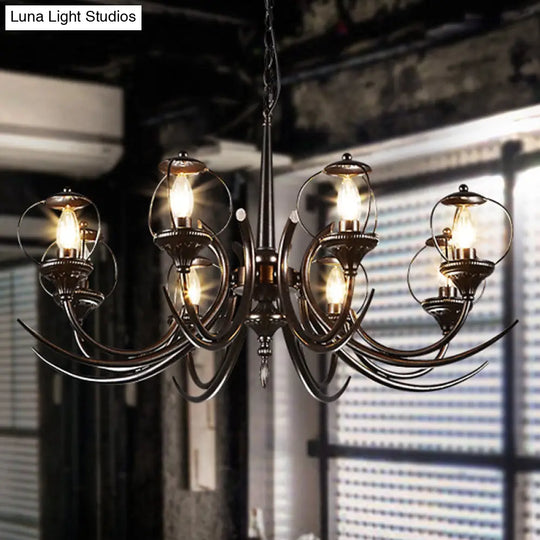 Farmhouse Wire Guard Chandelier With Curved Arm 8-Light Iron Hanging Fixture (Black)