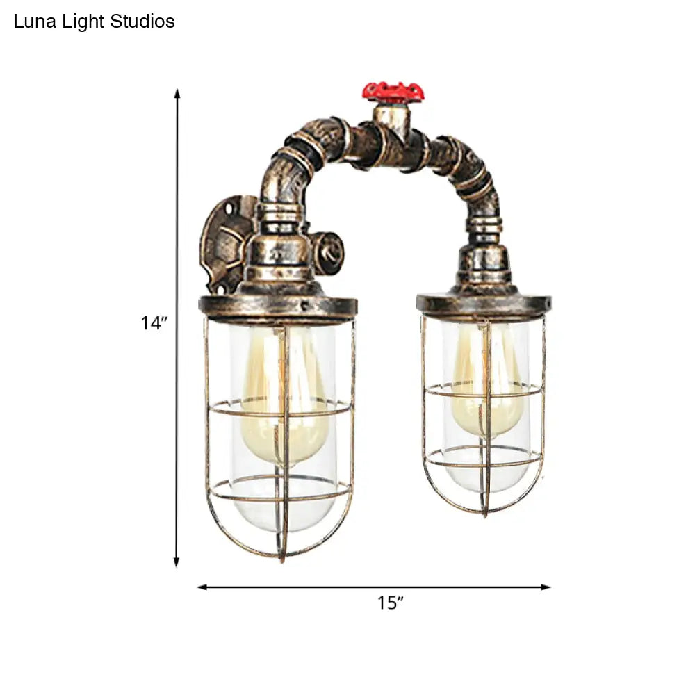 Farmhouse Wire Guard Wall Lamp - Vintage Brass Wrought Iron Sconce With Valve Wheel Design 2 Bulbs
