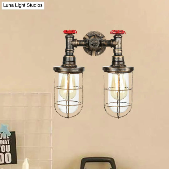 Farmhouse Wire Guard Wall Lamp - Vintage Brass Wrought Iron Sconce With Valve Wheel Design 2 Bulbs