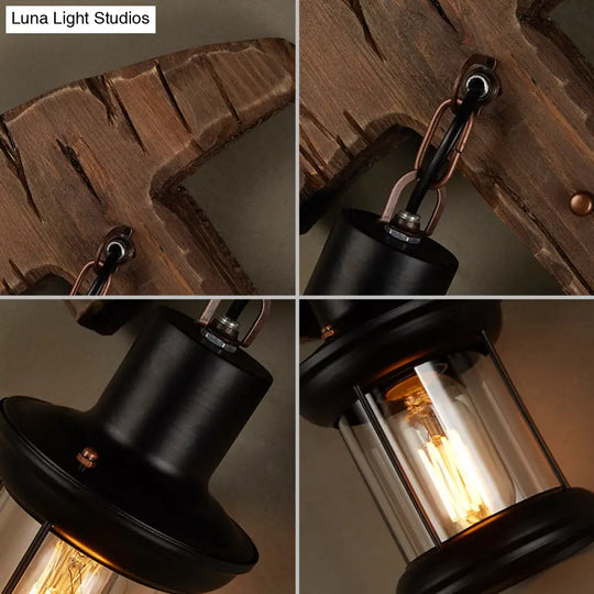 Farmhouse Wooden Wall Sconce With Lantern Shade For Bistro Lighting