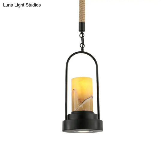 Faux Candle Wine Bar Pendant Lamp - Rural Marble 1-Light Black Hanging Light With Arched Frame &
